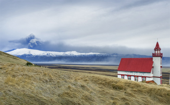 landscape picture with volcanic eruption