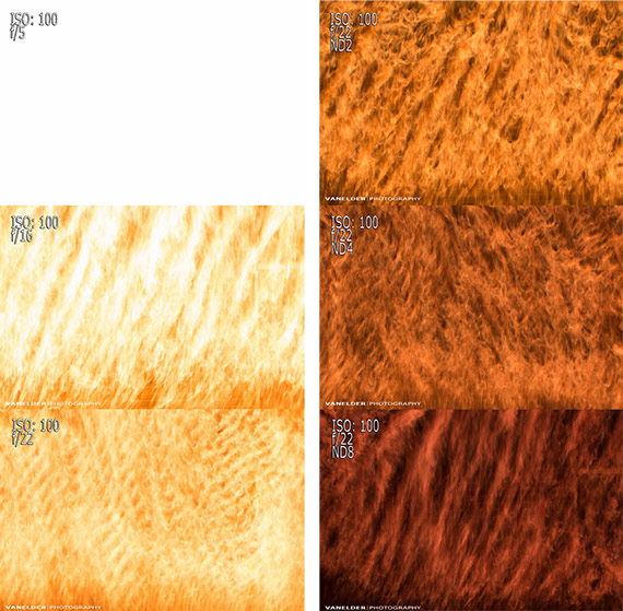 The frames on the left were made without the use of filters, whereas the images on the right were made with different strength neutral density filters as noted on the individual frames.