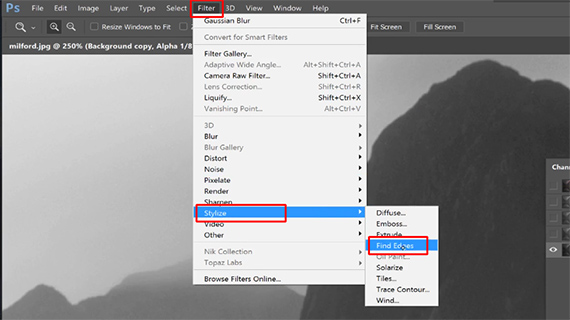 how to find the edges in an image in Photoshop