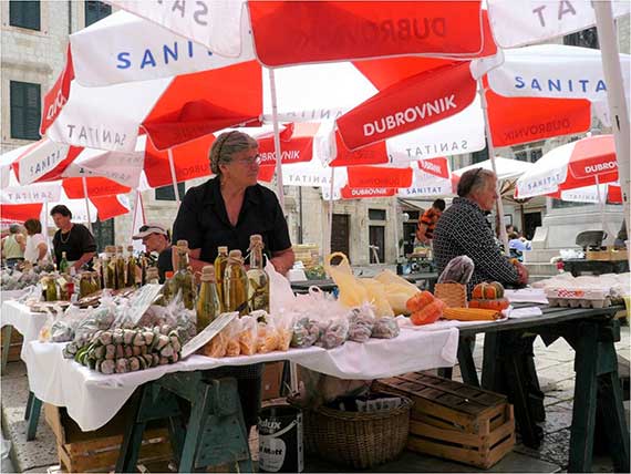 red and white umbrellas